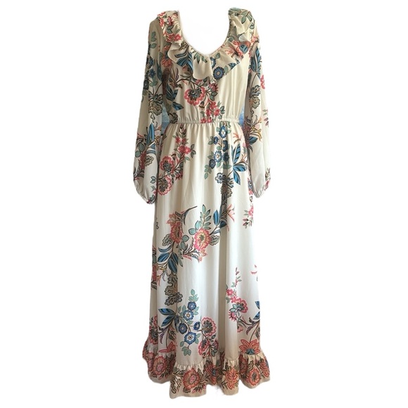 Boston Proper Boho Floral Ruffle Neck Floral Maxi Dress 8 - Picture 2 of 10